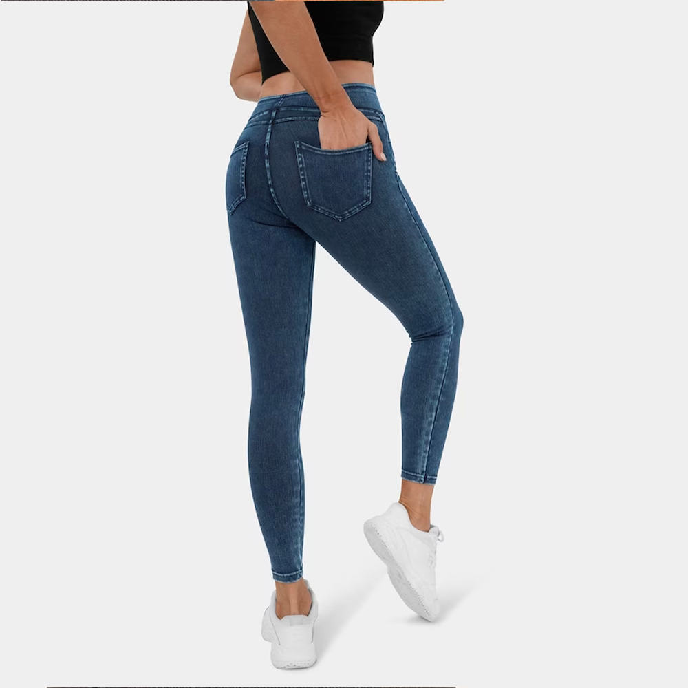 Hoog getailleerde elastische denimlegging