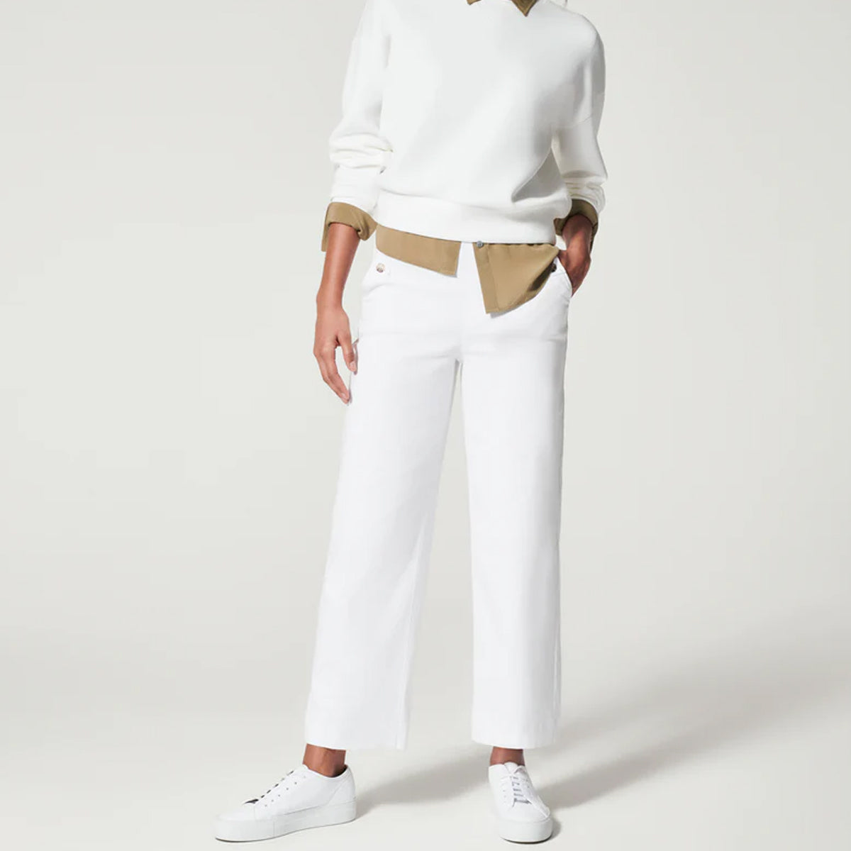 Stretch twill cropped broek met wijde pijpen