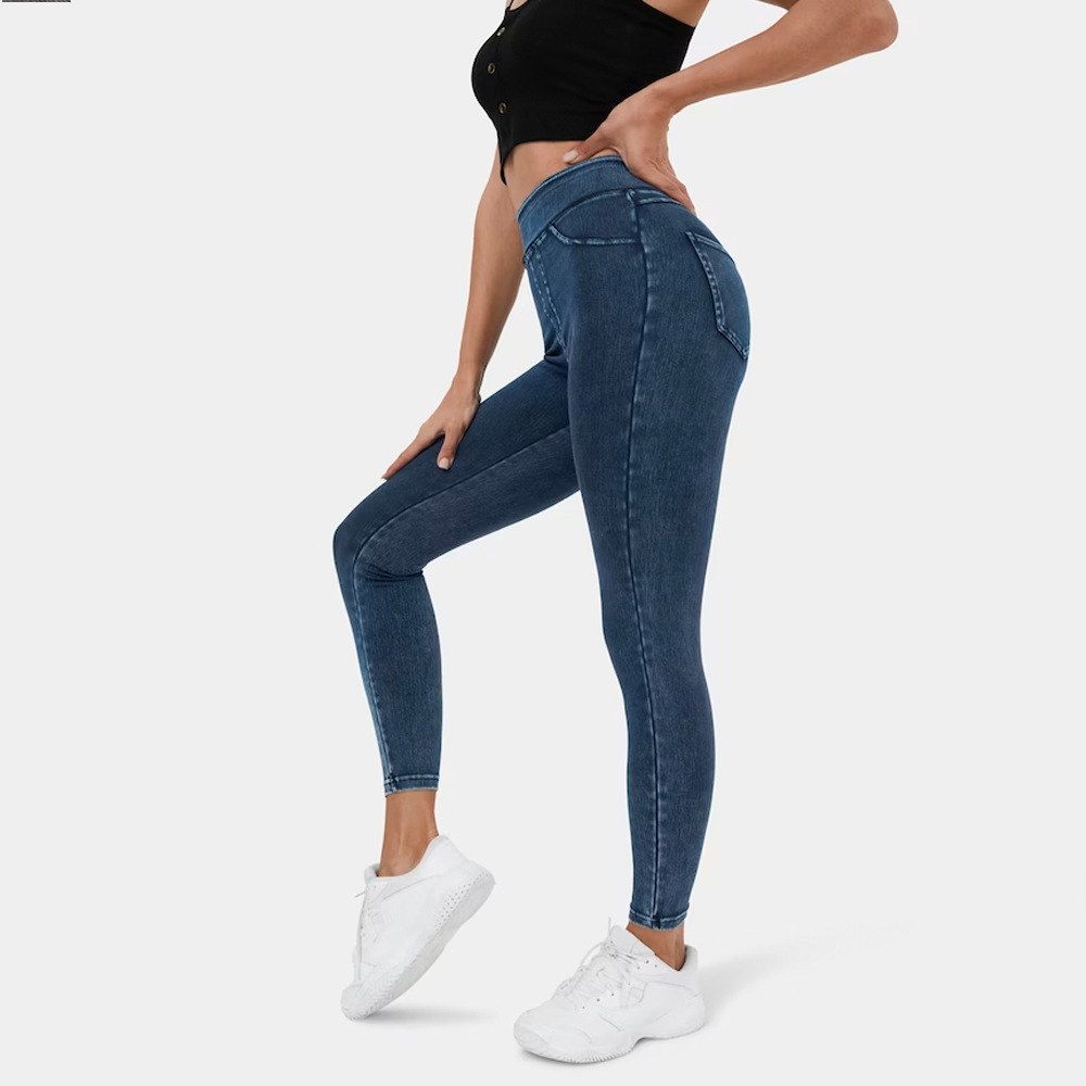 Hoog getailleerde elastische denimlegging