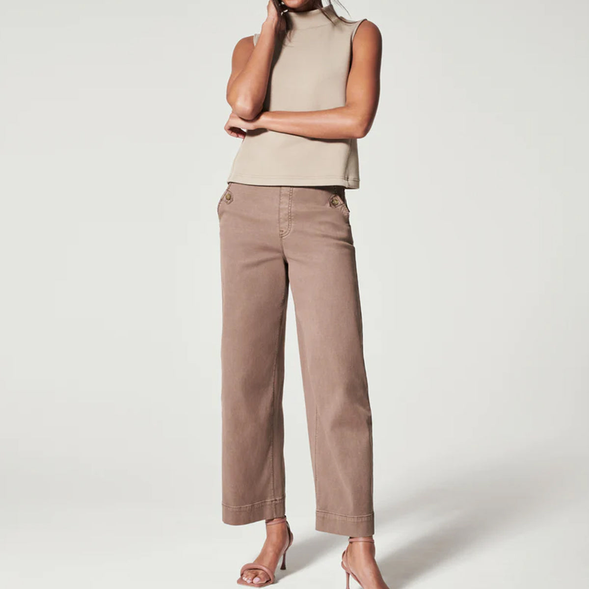 Stretch twill cropped broek met wijde pijpen
