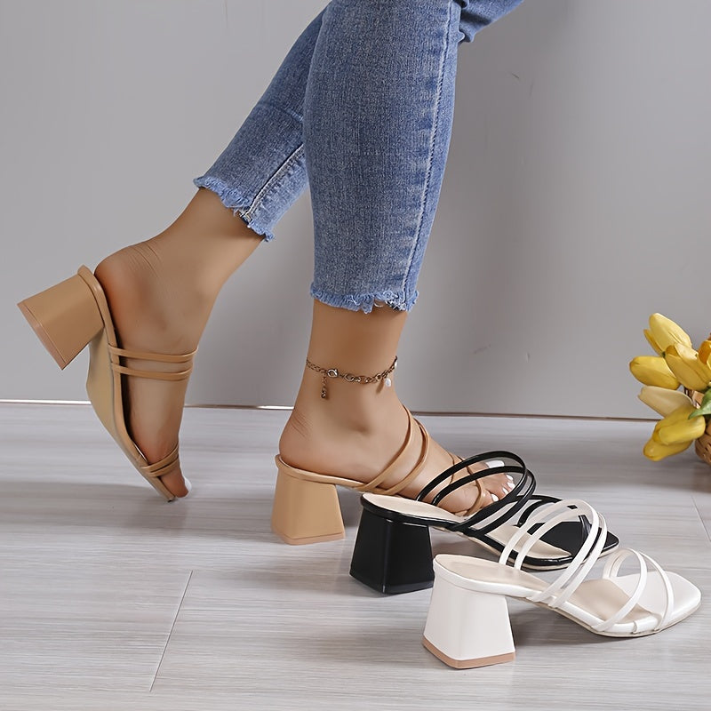 Vrouwen's Chunky Heel Sandalen, Casual Vierkante Teen Zomer Sandalen, Comfortabele Slip On Schoenen