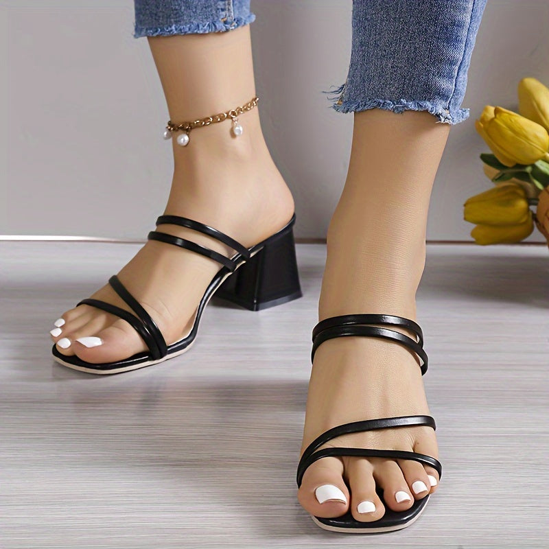 Vrouwen's Chunky Heel Sandalen, Casual Vierkante Teen Zomer Sandalen, Comfortabele Slip On Schoenen