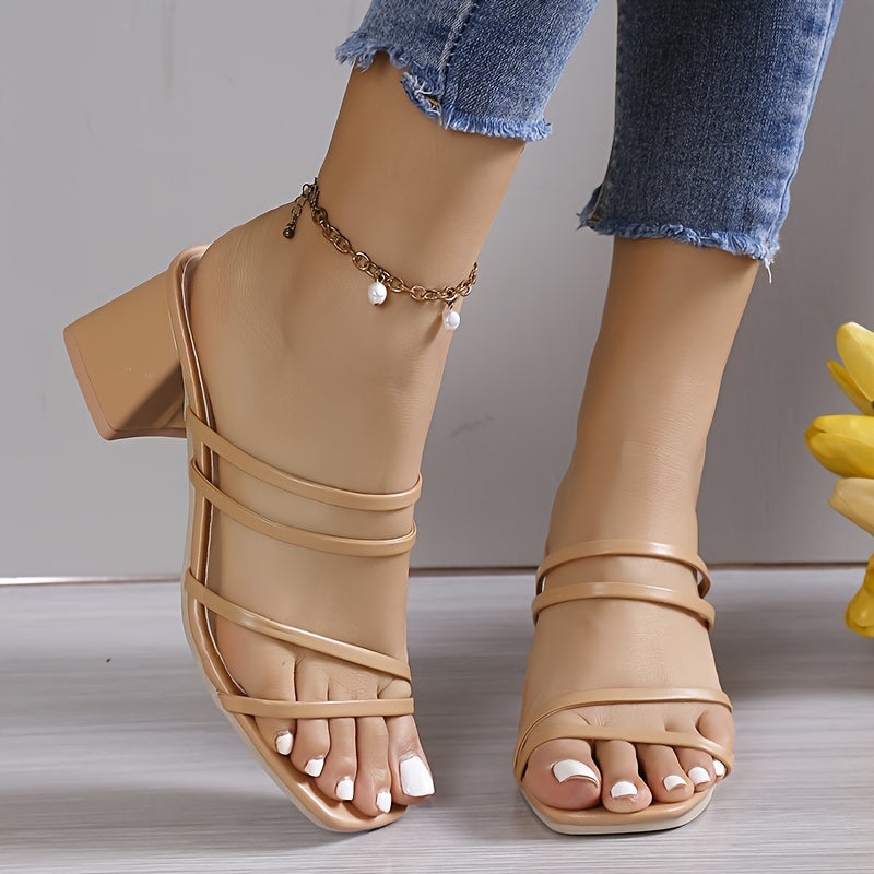 Vrouwen's Chunky Heel Sandalen, Casual Vierkante Teen Zomer Sandalen, Comfortabele Slip On Schoenen