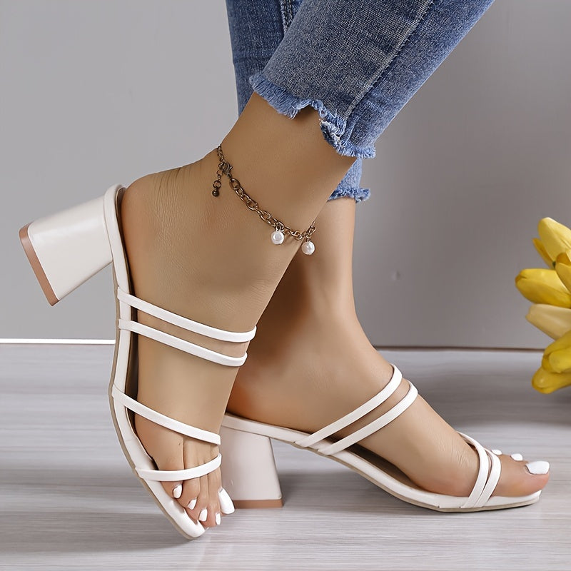 Vrouwen's Chunky Heel Sandalen, Casual Vierkante Teen Zomer Sandalen, Comfortabele Slip On Schoenen