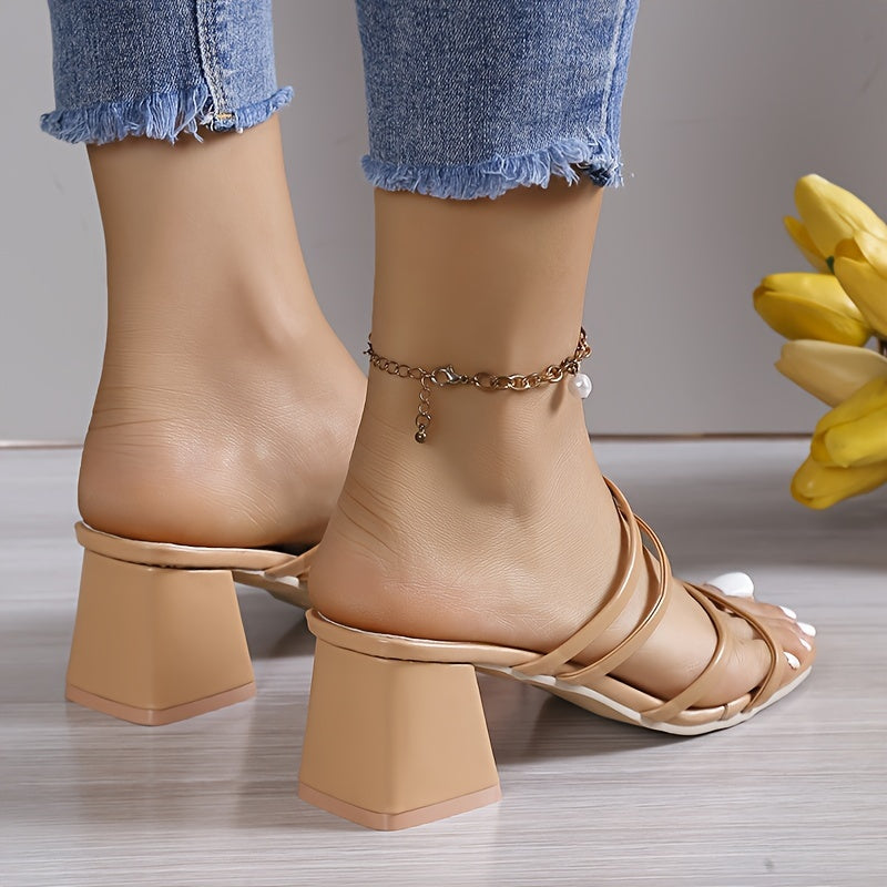 Vrouwen's Chunky Heel Sandalen, Casual Vierkante Teen Zomer Sandalen, Comfortabele Slip On Schoenen